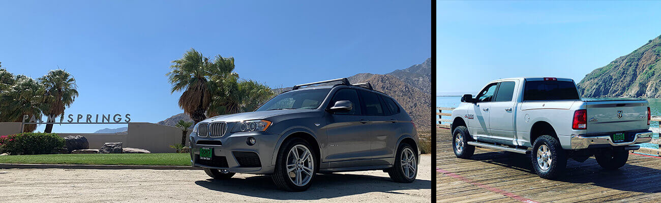 A BMW SUV near Long Beach and a Dodge Ram pickup parked on a pier.