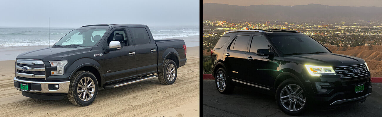 A Ford pickup truck on the beach and a Ford SUV overlooking a valley.